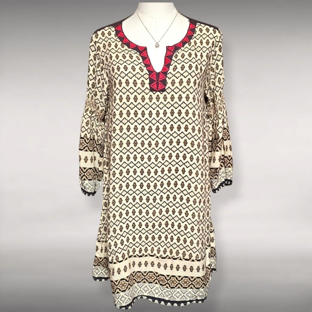Umgee Boho Peasant Southwestern Embroidered Trim Bell Sleeve Tunic Dress Women S